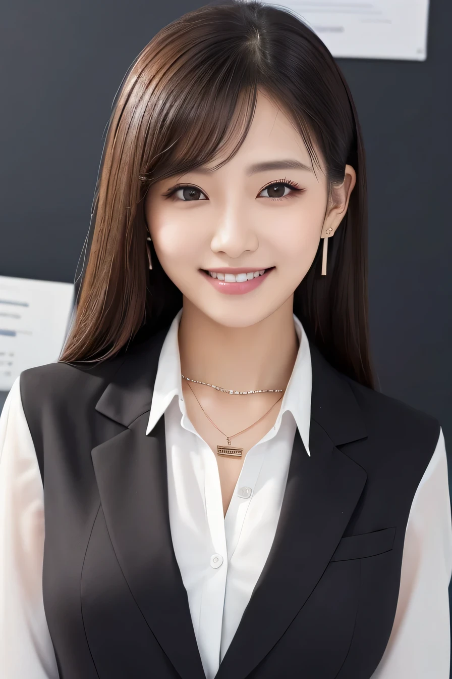 Intricate details, 、ear piercing、Looking into the camera、、smile、Beautiful teeth alignment、、 Clear beauty, (High quality fabric, Office Lady Suits) 、Jacket、Unbuttoned shirt、Necklace around the neck、Dark eyeliner、 The background is the office