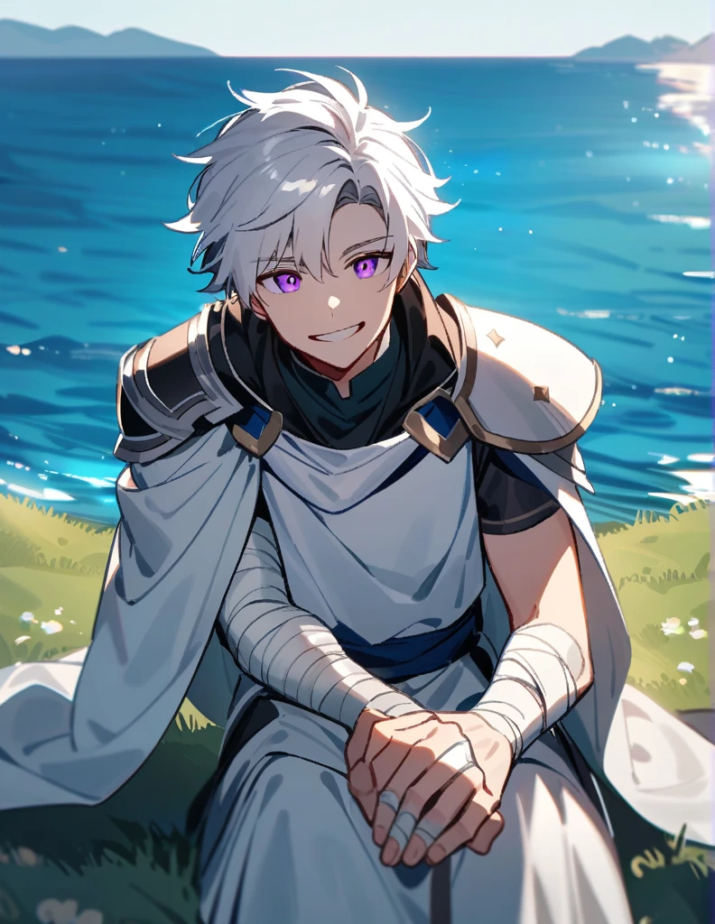 Greek boy with long white hair, violet eyes, one arm covered in bandages, silver shoulder pads and giving an encouraging smile while sitting on a hill facing the ocean