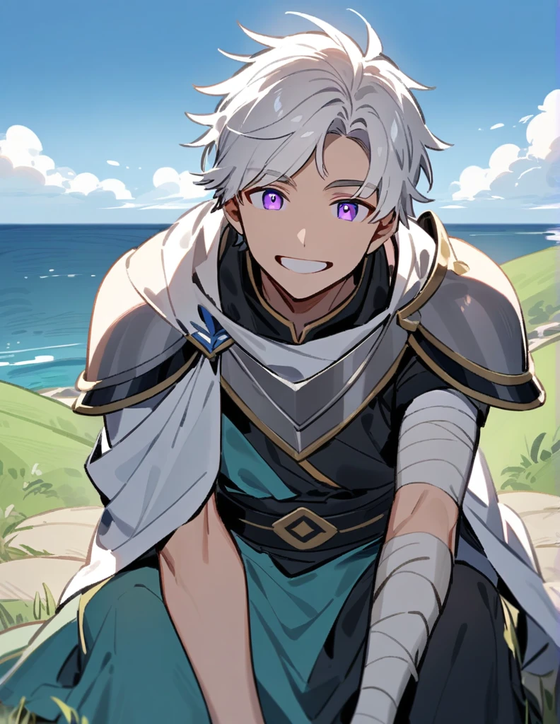 Greek boy with long white hair, violet eyes, one arm covered in bandages, silver shoulder pads and giving an encouraging smile while sitting on a hill facing the ocean