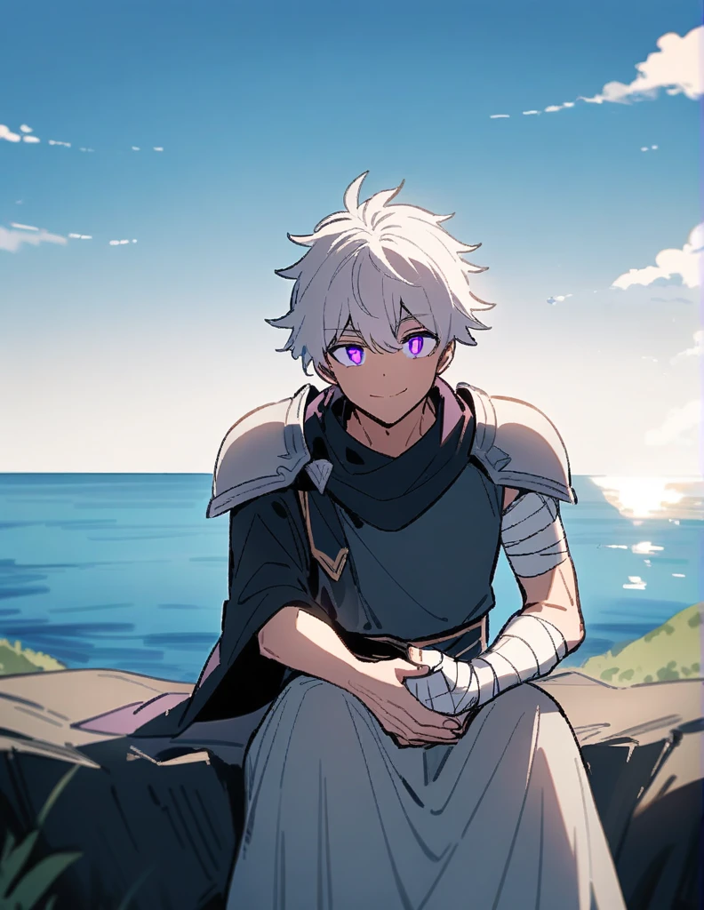 Greek boy with long white hair, violet eyes, one arm covered in bandages, silver shoulder pads and giving an encouraging smile while sitting on a hill facing the ocean