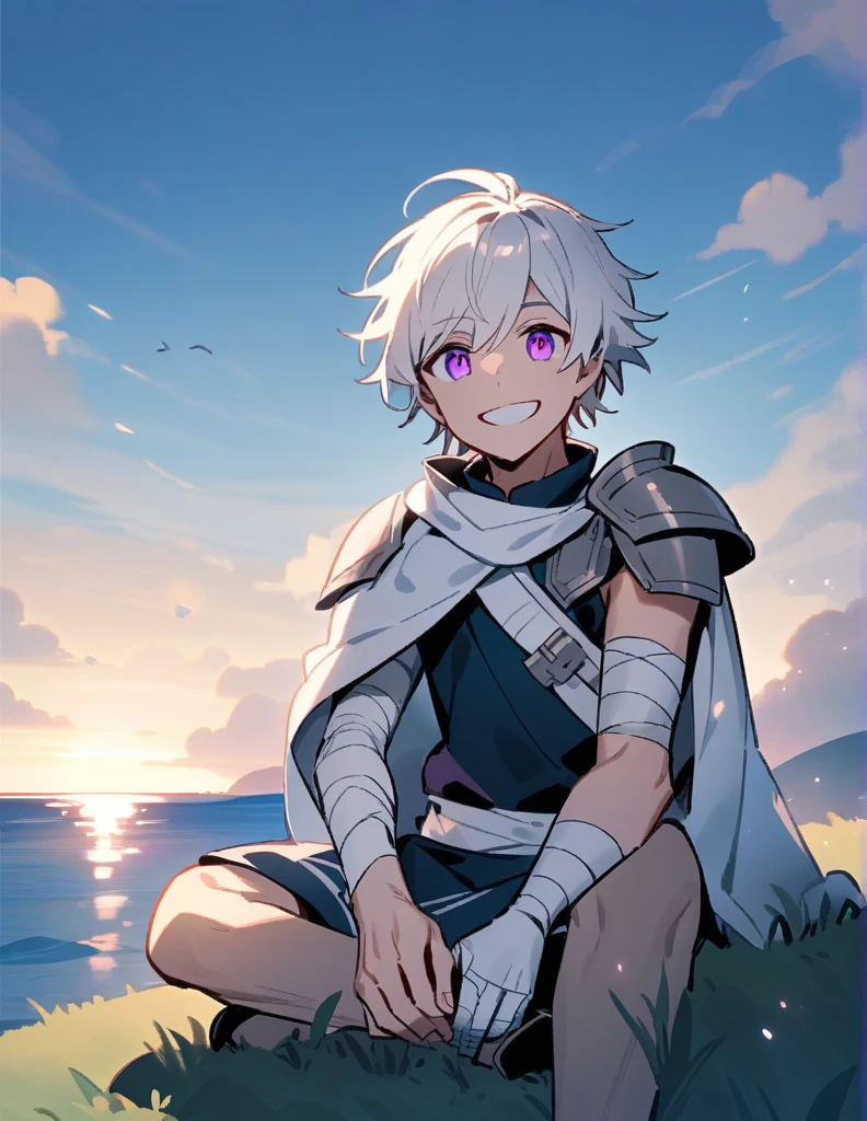 Greek boy with long white hair, violet eyes, one arm covered in bandages, silver shoulder pads and giving an encouraging smile while sitting on a hill facing the ocean