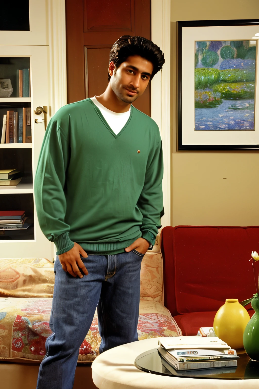 San Francisco, California, 2001. A young ((((38-year-old)) Amir)), at home, talking on the landline phone, ((((clothings from the 2000s)))), ((short hairstyle of the 2000s)), ((colorful, Monet))