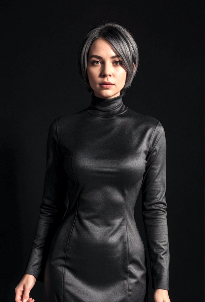 fifty years woman, executive suit, thirty degrees left view, 8k, stylish-elegant haircut, black silver hair, grey turtleneck t-shirt, black coat, solid dark background, extremely detailed, dimmed backlight, face on camera, long torso,