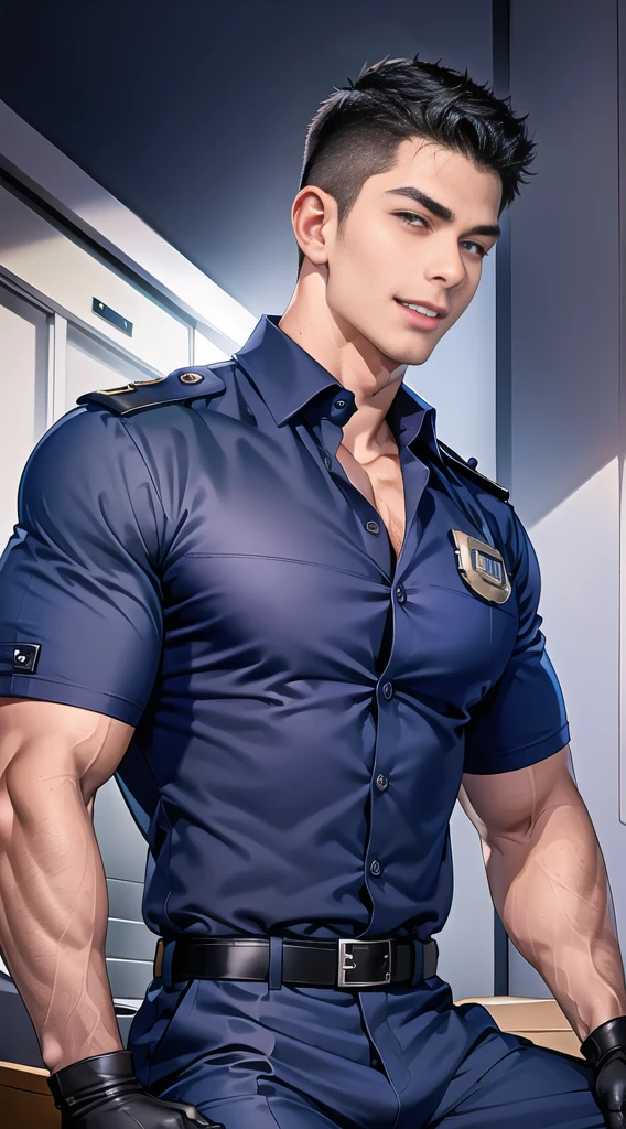 handsome man sit on the table ,(crew cut short hair:1.2),black eye,smile,open mouth (navy police uniform:1.2),(shirt short sleeves:1.2),collar,(shirt covered over:1.2),(name tag and Police badge:1.3),(shirt no buttons:1.1),(black_gloves:1.3), (Navy blue cargo:1.2),Korean guy,korean men,(High gloss details),(chest muscles:1.2),(large arm muscles:1.2),blood vessel,Big muscles,Broad shoulders,looking at the audience,Balancing the eyes,middle of the road,(stage:1.2),