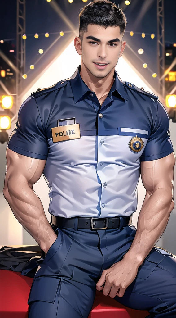 handsome man sit on the table ,(crew cut short hair:1.2),black eye,smile,open mouth (navy police uniform:1.2),(shirt short sleeves:1.2),collar,(shirt covered over:1.2),(name tag and Police badge:1.3),(shirt no buttons:1.1),(black_gloves:1.3), (Navy blue cargo:1.2),Korean guy,korean men,(High gloss details),(chest muscles:1.2),(large arm muscles:1.2),blood vessel,Big muscles,Broad shoulders,looking at the audience,Balancing the eyes,middle of the road,(stage:1.2),