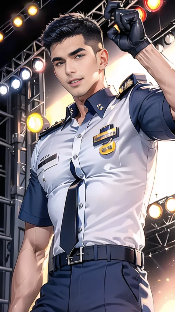handsome man sit on the table ,(crew cut short hair:1.2),black eye,smile,open mouth
(navy police uniform:1.2),(shirt short sleeves:1.2),collar,(shirt covered over:1.2),(name tag and Police badge:1.2),(shirt no buttons:1.1),(black_gloves:1.3),
(Navy blue cargo:1.2),Korean guy,korean men,(High gloss details),(chest muscles:1.2),(large arm muscles:1.2),blood vessel,Big muscles,Broad shoulders,looking at the audience,Balancing the eyes,middle of the road,(stage:1.4),