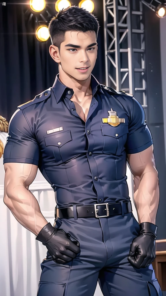 handsome man sit on the table ,(crew cut short hair:1.2),black eye,smile,open mouth
(navy police uniform:1.2),(shirt short sleeves:1.2),collar,(shirt covered over:1.2),(name tag and Police badge:1.2),(shirt no buttons:1.1),(black_gloves:1.3),
(Navy blue cargo:1.2),Korean guy,korean men,(High gloss details),(chest muscles:1.2),(large arm muscles:1.2),blood vessel,Big muscles,Broad shoulders,looking at the audience,Balancing the eyes,middle of the road,(stage:1.4),
