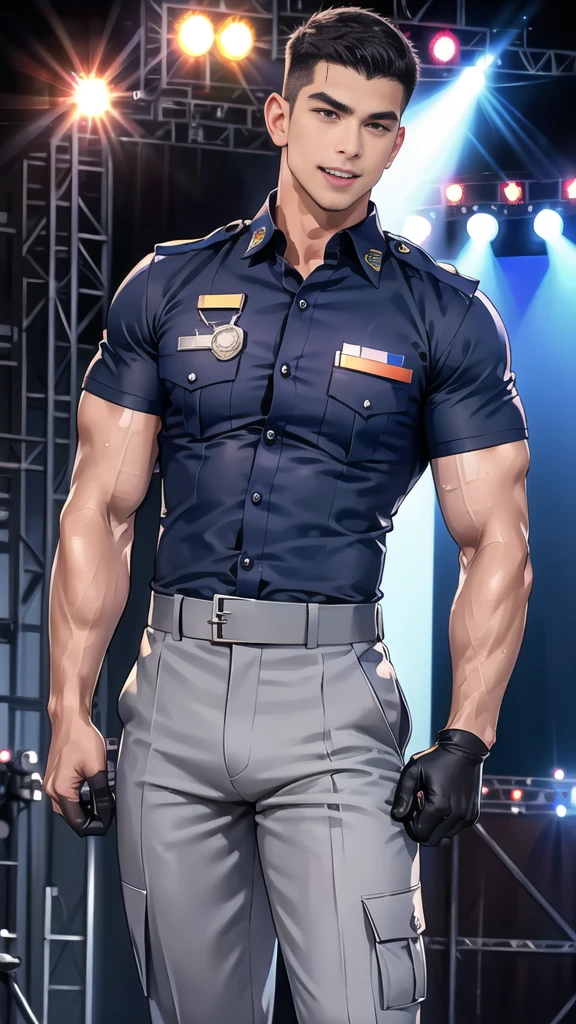 handsome man sit on the table ,(crew cut short hair:1.2),black eye,smile,open mouth
(navy police uniform:1.2),(shirt short sleeves:1.2),collar,(shirt covered over:1.2),(name tag and Police badge:1.2),(shirt no buttons:1.1),(black_gloves:1.3),
(Navy blue cargo:1.2),Korean guy,korean men,(High gloss details),(chest muscles:1.2),(large arm muscles:1.2),blood vessel,Big muscles,Broad shoulders,looking at the audience,Balancing the eyes,middle of the road,(stage:1.4),
