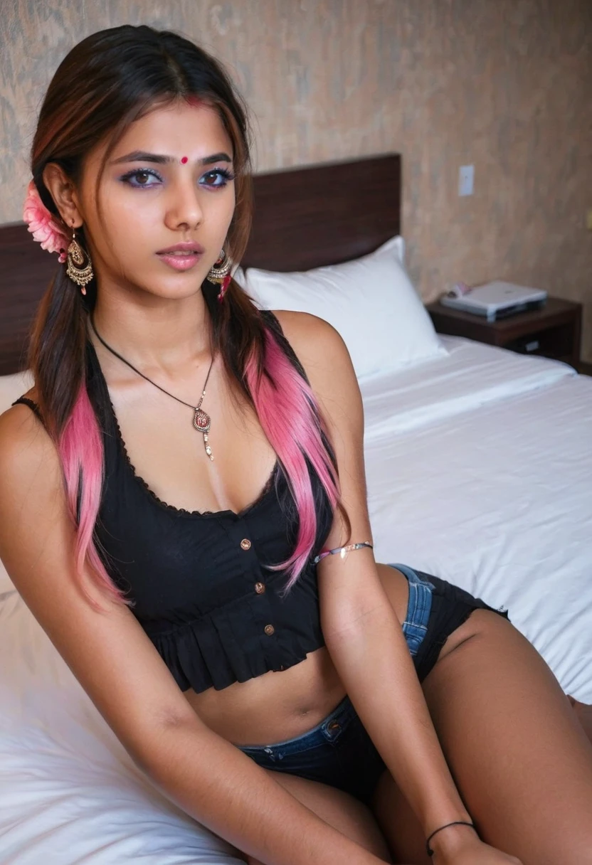 Generate a hot indian girl, sexy, realistic lovely cute young attractive indian girl, blue eyes, gorgeous actress, 19 years old, cute, an Instagram model, long hair, pink hair, Indian, weaaring tank top black, wearing bindi in forehead, ear rings,looking hot, hotel bedroom cinematic light, in room perfect light, full body view,,Indian realistic