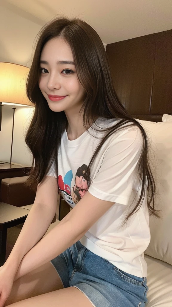 seed:2020674263.((Full body angle:1.1)).((Highest quality, 8K, masterpiece:1.3)), ((from below:1.1)).concentrated:1.2, Perfect body beauty:1.4, Hips:1.2, ((Delicate Hair)), (Colorful T-shirts、Shorts、pajamas :1.1) , ((Highest quality、8k、masterpiece:1.3))、1 Girl、A sloppy smile、Esbian all over、Slim face、Big Boobs、Beautiful woman、(Dark Brown Hair)、Long Hair、1、Flickering Valley、Detailed eyes、double eyelid、Blurred Background、超Slim face、Smile、Looking down、living、