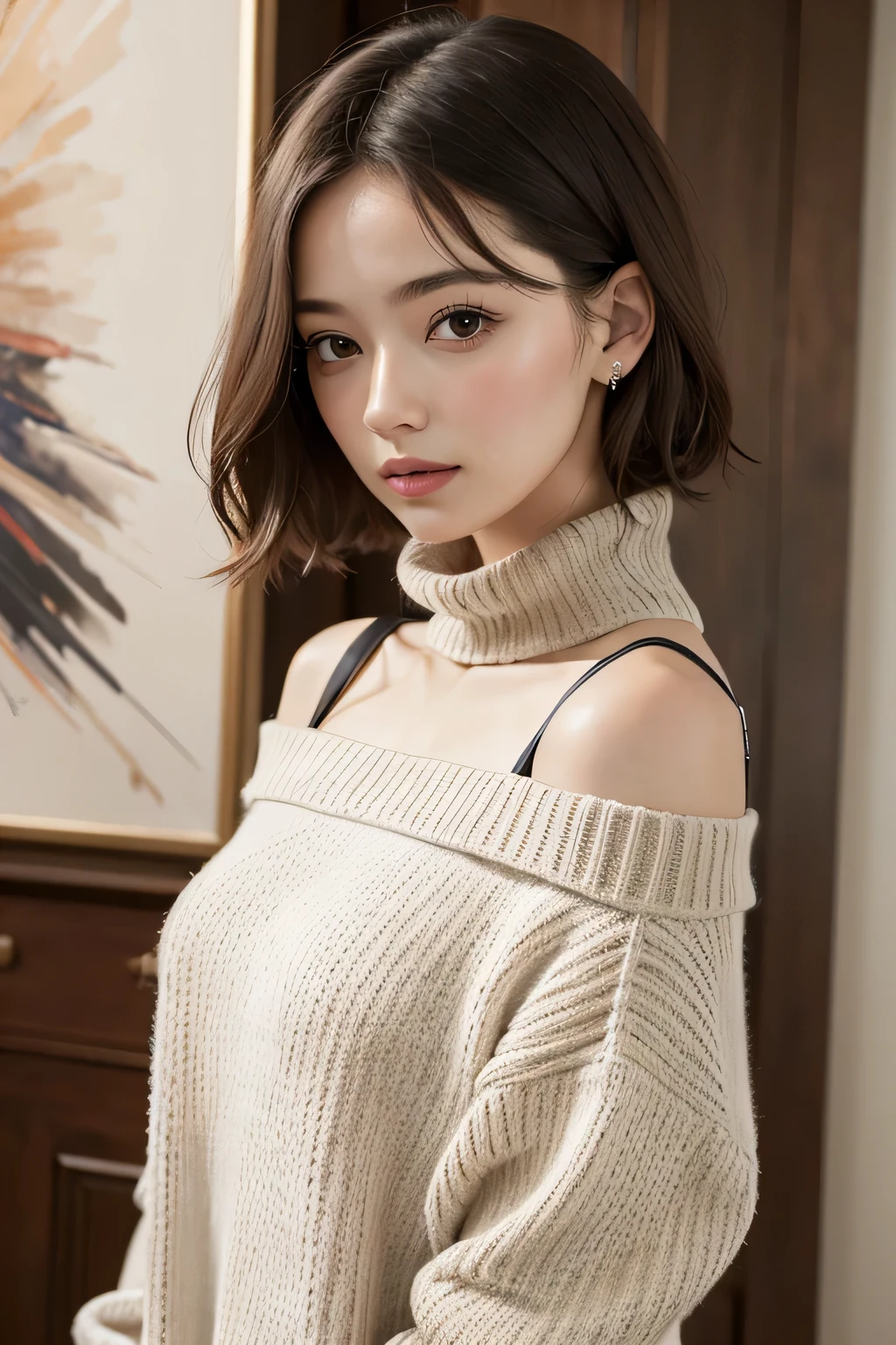 ((best qualityer)), ((work of art)), (detailded), 1 girl, shoulder to shoulder sweater,