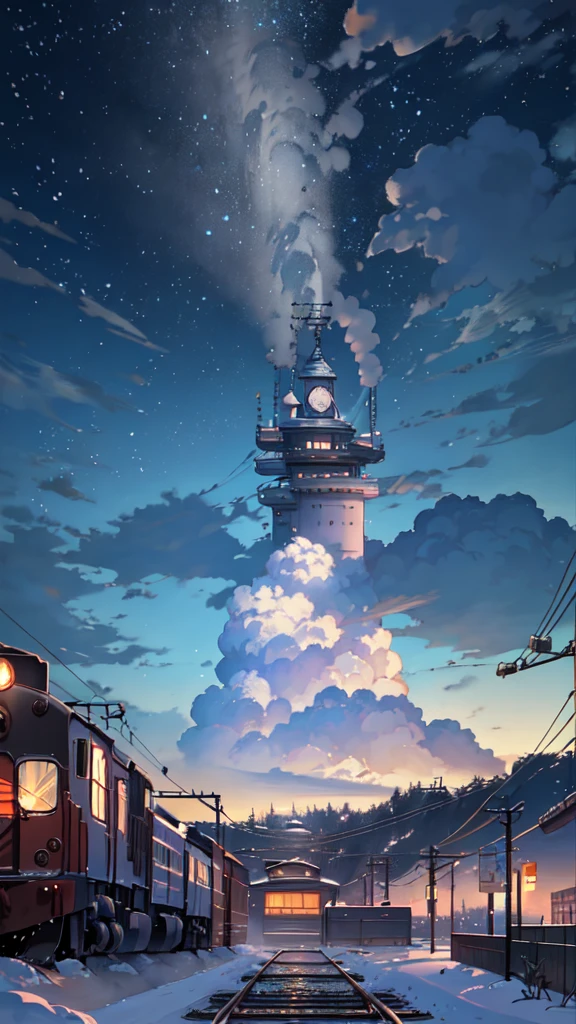 There is a train running along the tracks in the snow, Makoto Shinkai's concept art, tumblr, magic realism, beautiful anime scenes, cosmic sky. by makoto shinkai, ( ( makoto shinkai ) ), anime background art, anime backgrounds, Makoto Shinkai's style, anime movie backgrounds, galaxy express, no humans.