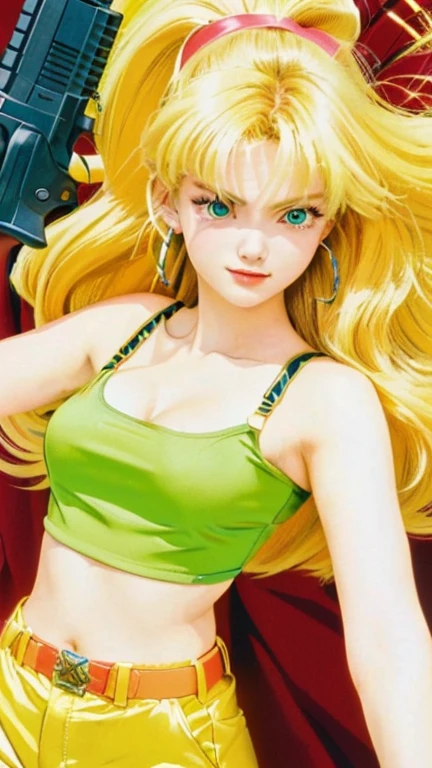 a close up of a woman holding a gun in her hand, saiyan girl, in the art style of 8 0 s, gainax style, 8 0 s art style, marin kitagawa fanart, 9 0 s art style, blonde girl with long hair, striking manga artstyle, a blonde emerald warrior, natalie from epic battle fantasy