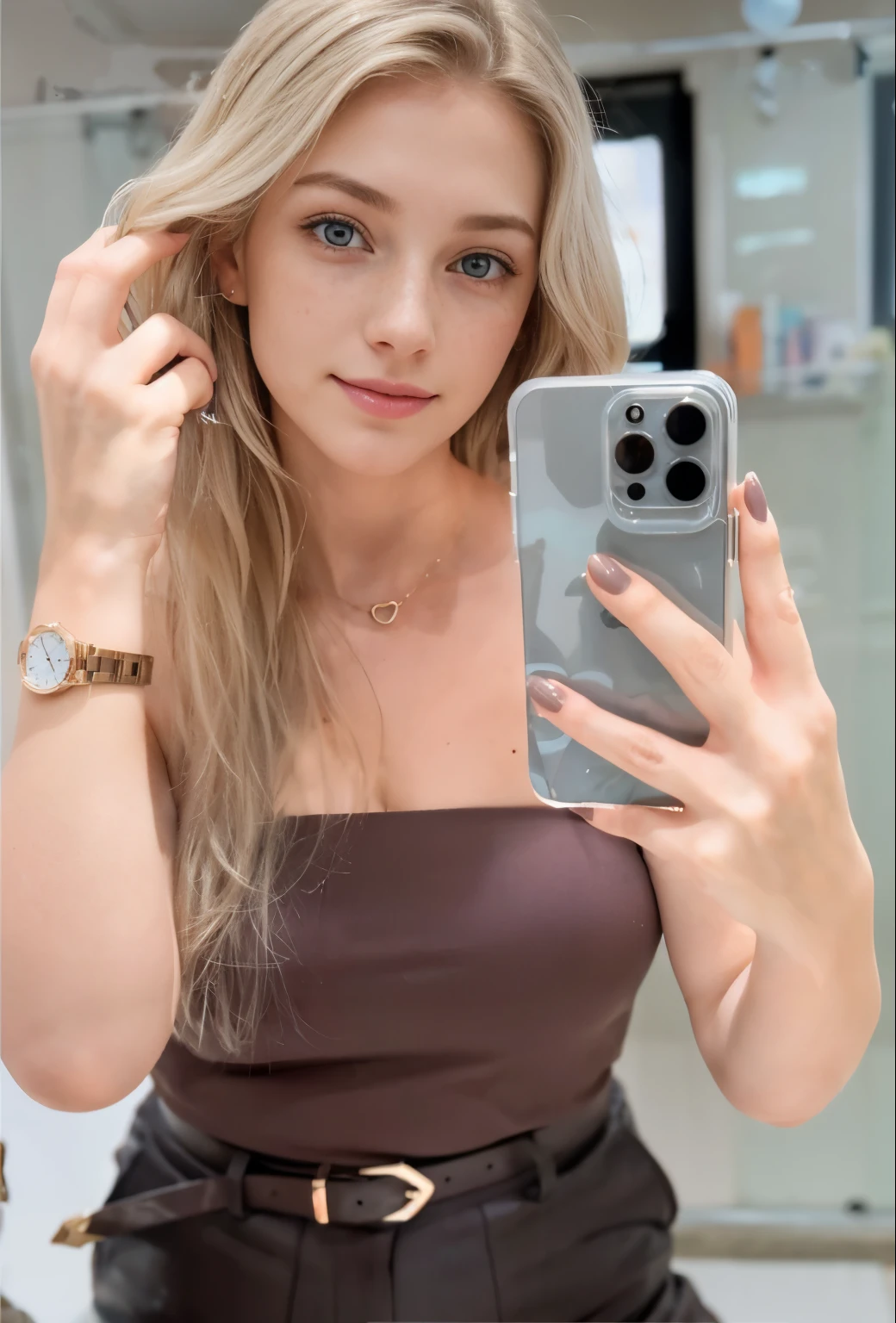 a one woman, americana, age 25, pale skin and freckles, grey-eyed, delicate nose, soft and delicate lips, distant, far away, wavy, waist-length blonde hair, Sweet smile, face with delicate feminine facial features, Highly Rendering