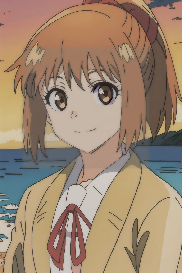 (masterpiece, best quality:1.2), samidare asahina, 1girl, brown eyes, brown hair, jacket, long sleeves, neck ribbon, ocean, red sky, dawn, ponytail, red ribbon, ribbon, , shirt, short hair, solo, sunset, white shirt, (anime, high details, super detail:1.55)