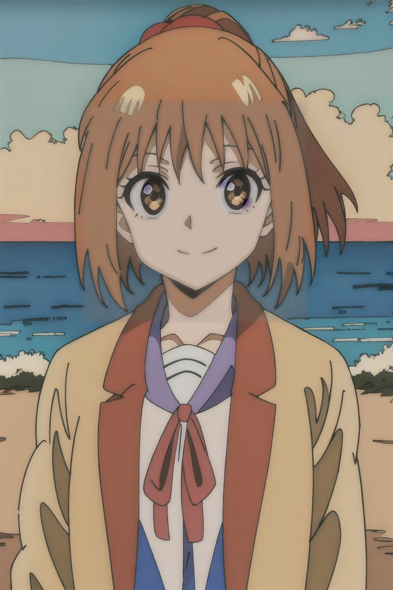 (masterpiece, best quality:1.2), samidare asahina, 1girl, brown eyes, brown hair, jacket, long sleeves, neck ribbon, ocean, red sky, dawn, ponytail, red ribbon, ribbon, , shirt, short hair, solo, sunset, white shirt, (anime, high details, super detail:1.55)