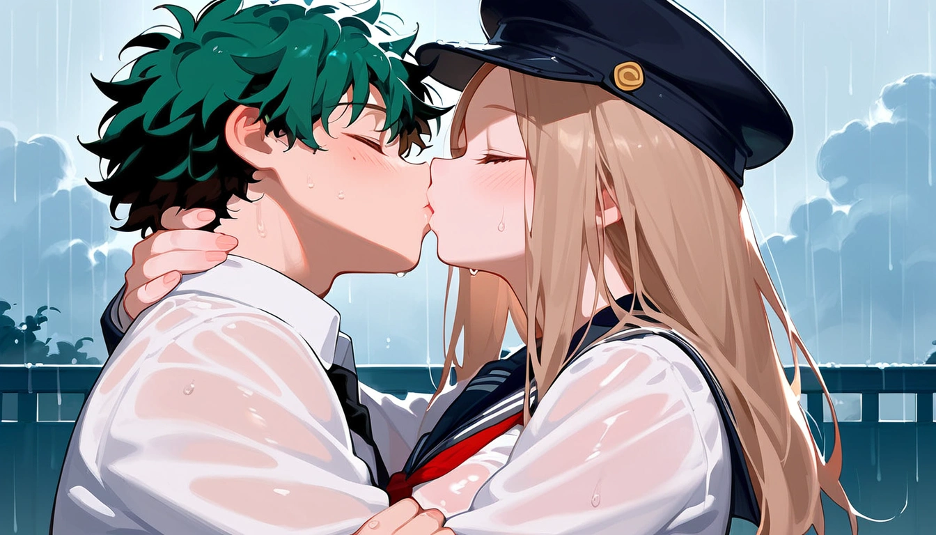 anime artwork, score_9, score_8_up, score_7_up, score_6_up, score_5_up, score_4_up, r,Camie Utsushimi, light brown hair, dark brown eyes,, breasts, , big breasts, (school uniform:1.2), standing, cap, she is 24 years old, wet whirt, ,horny, , , , style_3, 1boy, Izuku Midoriya, kissing, outdoors, raining, blush, wet, dark atmoshpere, closed eyes, They are completely soaked, evening, gaps in the clouds, his hands on her hips, hugging, close-up