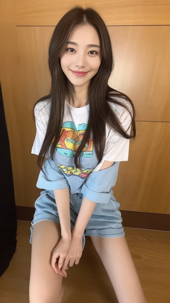 seed:2020674263.((Full body angle:1.1)).((Highest quality, 8K, masterpiece:1.3)), ((from below:1.1)).concentrated:1.2, Perfect body beauty:1.4, Hips:1.2, ((Delicate Hair)), (Colorful T-shirts、Shorts、pajamas :1.1) , ((Highest quality、8k、masterpiece:1.3))、1 Girl、A sloppy smile、Esbian all over、Slim face、Big Boobs、Beautiful woman、(Dark Brown Hair)、Long Hair、1.1、Flickering Valley、Detailed eyes、double eyelid、Blurred Background、超Slim face、Smile、Looking down、living、