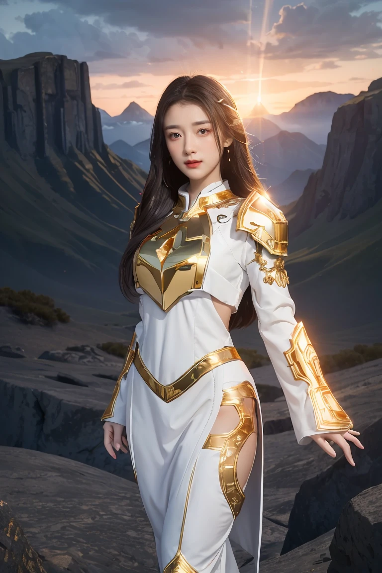 ((masterpiece, best quality, extremely detailed), volumetric lighting, ambient occlusion, colorful, glowing), 1girl, solo, young girl, (dark hair), long hair, halo, aura, sacred, goddess, cleric suit, (white outfit with gold detailst:1.3), armor, outdoors, sunset, sky, clouds, space, (fantasy theme:1.2),