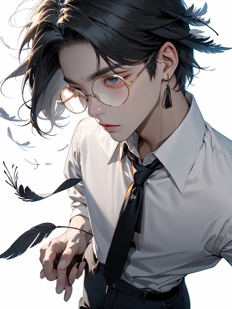 (Masterpiece:1.2), best quality,realistic,mid trip,
1 boy, glove, Focus Man, feather pen, glasses, decorate, earring, สายรัดglasses, white background, black hair, glassesข้างเดียว, Holding, black glove, short hair, hands in pocket, book, shirt, shirtแขนยาว, พื้นหลังที่smoothง่าย, Look at the viewer., tassel, hair between the eyes, Many perspectives, lamp, smooth, collared shirt, paper, earringเดี่ยว, shirtโค้ท, trousers, black shirtโค้ท, glassesทรงกลม, gag, alone