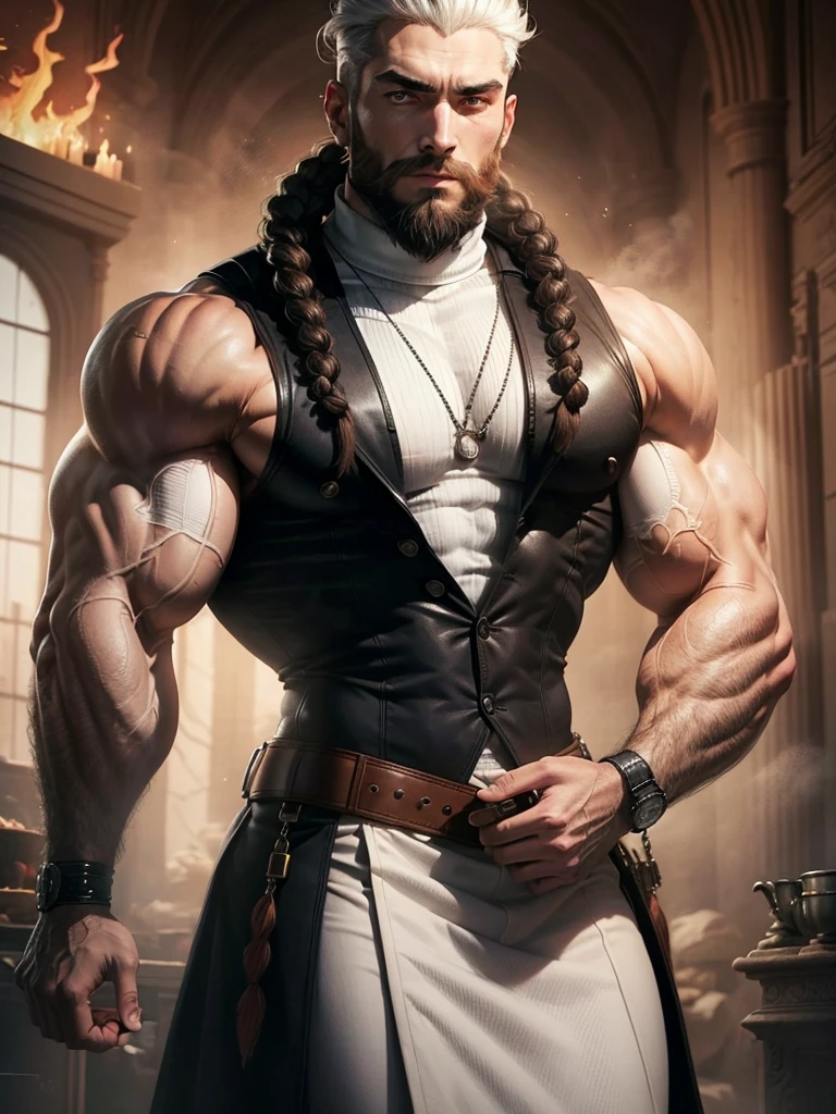Muscular man with a braided beard, white turtleneck, black vest coat, fire god