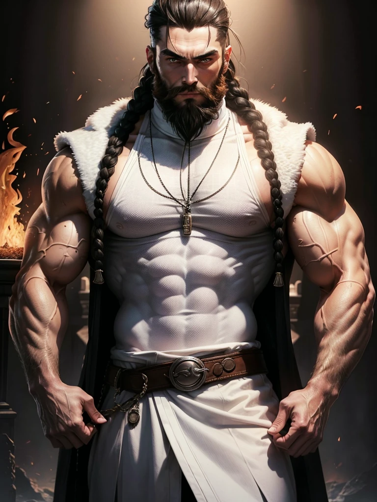 Muscular man with a braided beard, white turtleneck, black vest coat, fire god