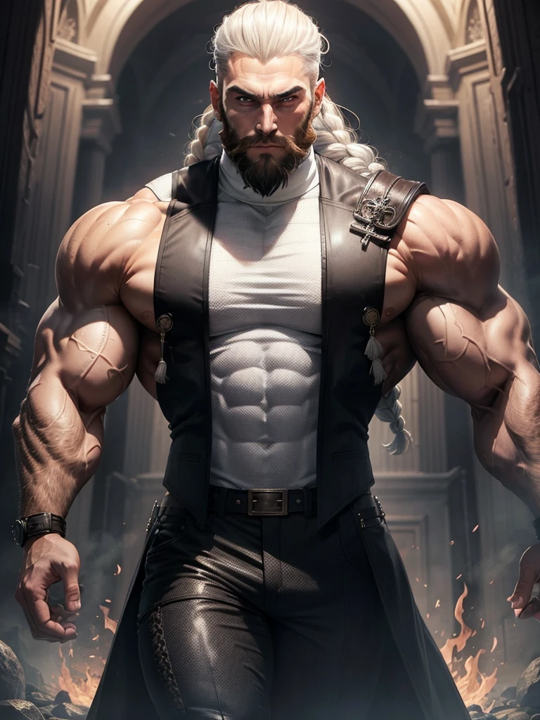 Muscular man with a braided beard, white turtleneck, black vest coat, fire god