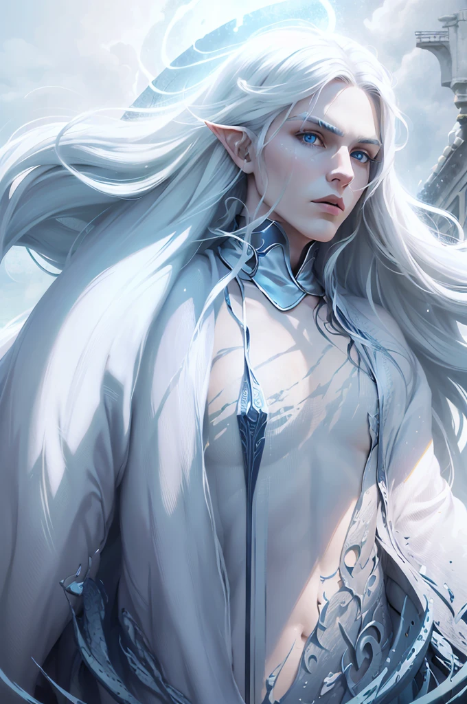 Pop album cover art, dramatic  man elf, long white hair, blue eyes