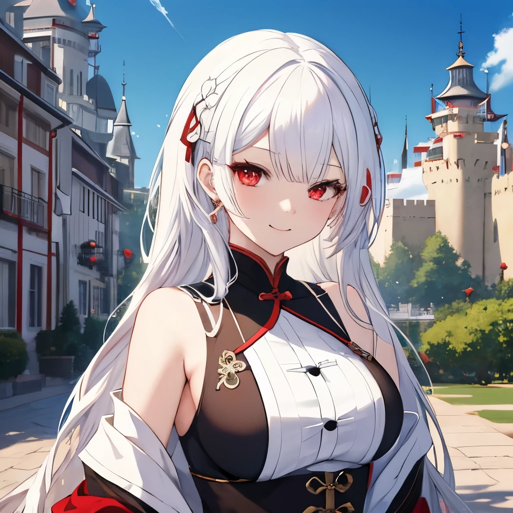 Anime girl with white hair and red eyes standing in front of the castle, Portrait of Shi Tao, Pixif, Fantasy Art, Azur route style, From the Azur Lane video game, Azur Lane Characters, Devil anime girl, [[[[Smiling]]]], Sly smile, Cute girl anime visual