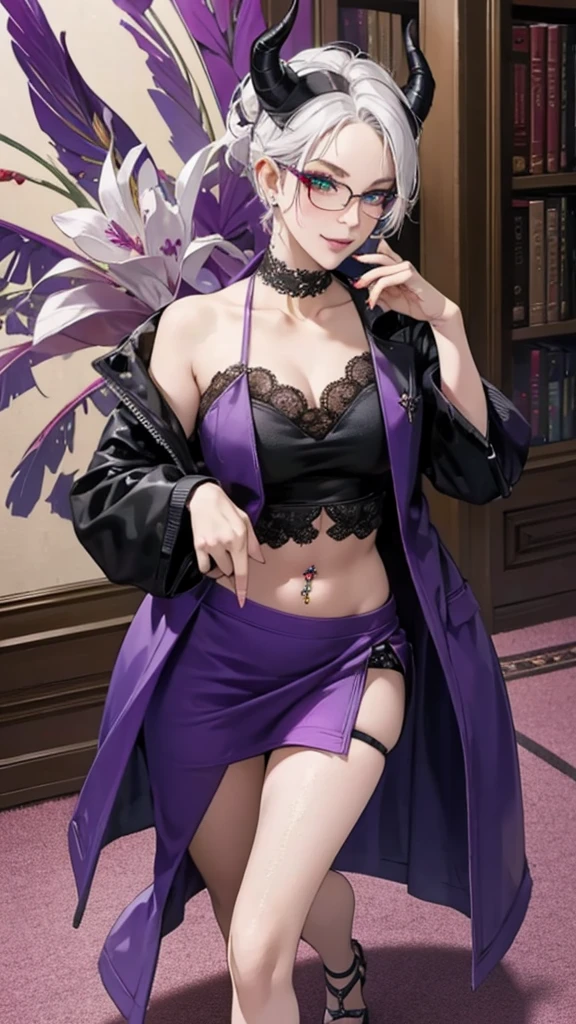 8k, masterpiece, best quality, highly detailed, 1 girl, tiefling, warlock, multicolored hair, very short straight hair green highlight hair on white hair, strippled hair, wearing glasses, round glasses, earrings, red eyeshadow, long eyelashes, navel piercing, blushed cheek, red lips, necklace, rings, collarbone, mole, glamorous, purple and teal clothing, villainy, smirk, seductive face, close up view, rings, looking at viewer, demon horns, solo, royal dress, black lace gloves, fur coat, palace, blue pale moon, sitting on throne, tattoo.