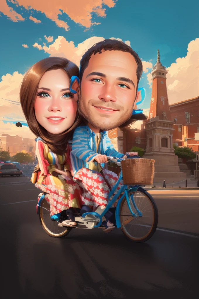 arafed image of a man and woman riding a bicycle, caricature illustration, caricature, digital art cartoon, cartoon digital art, caricature style, cartoon portrait, cartoon artstyle, caricature!!!, cartoon digital painting, in cartoon style, happy couple, couple portrait, digital cartoon painting art, couple, potrait, realistic portrait photo, cartoon art, realism artstyle