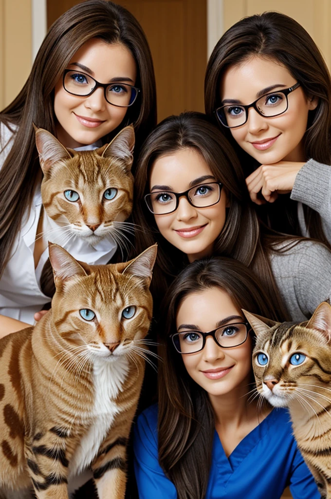 Woman long brown hair brown eyes with glasses veterinary and two cats one white and one siamese