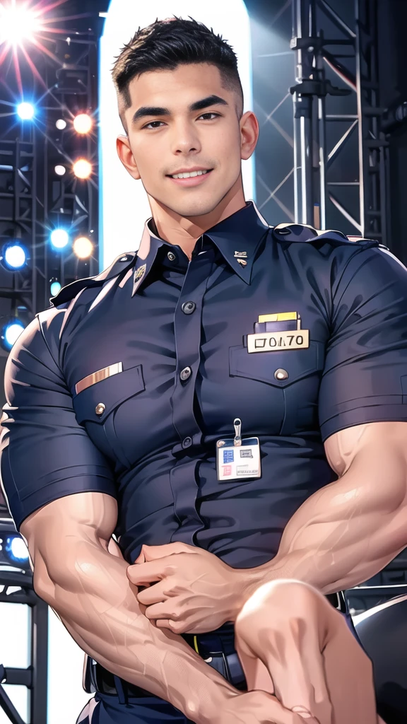 handsome man  sit on the table ,(crew cut short hair:1.2),black eye,smile,open mouth
(navy police uniform:1.2),(shirt short sleeves:1.2),collar,(shirt covered over:1.2),(name tag and Police badge:1.2),(shirt no buttons:1.1),(black_gloves:1.3),
(Navy blue cargo:1.2),Korean guy,korean men,(High gloss details),(chest muscles:1.2),(large arm muscles:1.2),blood vessel,Big muscles,Broad shoulders,looking at the audience,Balancing the eyes,middle of the road,(stage:1.4),