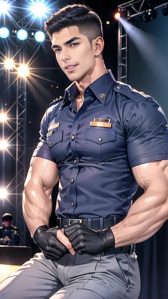 handsome man  sit on the table ,(crew cut short hair:1.2),black eye,smile,open mouth
(navy police uniform:1.2),(shirt short sleeves:1.2),collar,(shirt covered over:1.2),(name tag and Police badge:1.2),(shirt no buttons:1.1),(black_gloves:1.3),
(Navy blue cargo:1.2),Korean guy,korean men,(High gloss details),(chest muscles:1.2),(large arm muscles:1.2),blood vessel,Big muscles,Broad shoulders,looking at the audience,Balancing the eyes,middle of the road,(stage:1.4),