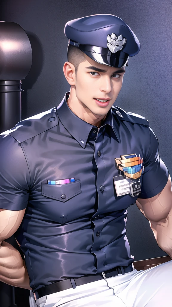 handsome man  sit on the table ,(crew cut short hair:1.2),black eye,smile,open mouth
(navy police uniform:1.2),(shirt short sleeves:1.2),collar,(shirt covered over:1.2),(name tag and Police badge:1.2),(shirt no buttons:1.1),(black_gloves:1.3),
(Navy blue cargo:1.2),Korean guy,korean men,(High gloss details),(chest muscles:1.2),(large arm muscles:1.2),blood vessel,Big muscles,Broad shoulders,looking at the audience,Balancing the eyes,middle of the road,(stage:1.4),