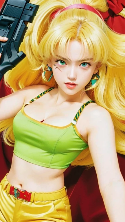 a close up of a woman holding a gun in her hand, saiyan girl, in the art style of 8 0 s, gainax style, 8 0 s art style, marin kitagawa fanart, 9 0 s art style, blonde girl with long hair, striking manga artstyle, a blonde emerald warrior, natalie from epic battle fantasy