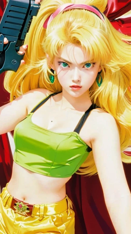 a close up of a woman holding a gun in her hand, saiyan girl, in the art style of 8 0 s, gainax style, 8 0 s art style, marin kitagawa fanart, 9 0 s art style, blonde girl with long hair, striking manga artstyle, a blonde emerald warrior, natalie from epic battle fantasy