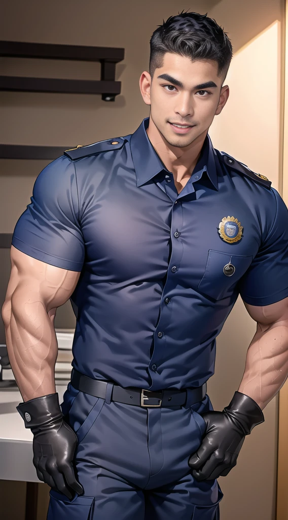 handsome man sit on the table ,(crew cut short hair:1.2),black eye,smile,open mouth (navy police uniform:1.2),(shirt short sleeves:1.2),collar,(shirt covered over:1.2),(name tag and Police badge:1.3),(shirt no buttons:1.1),(black_gloves:1.3), (Navy blue cargo:1.2),Korean guy,korean men,(High gloss details),(chest muscles:1.2),(large arm muscles:1.2),blood vessel,Big muscles,Broad shoulders,looking at the audience,Balancing the eyes,middle of the road,(stage:1.2),