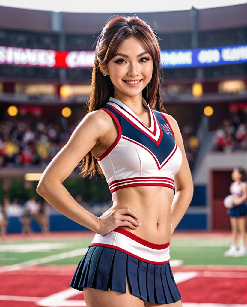 Alafed Asian Cheerleader, Big Plans, Big Plans, photograph, anime , Small breasts, RAW photograph, Highest quality, High resolution, (Tabletop), (photographrealistic:1.4), professional photographgraphy, Sharp focus, Hmph, 8K resolution, Intricate details, Depth of written boundary, Highly detailed CG Unity 8k wallpaper, Front light, Browsing Caution, woman, girl, Beautiful Supermodel, smile, thin, Small cheer uniform, Full body shot, facing forward