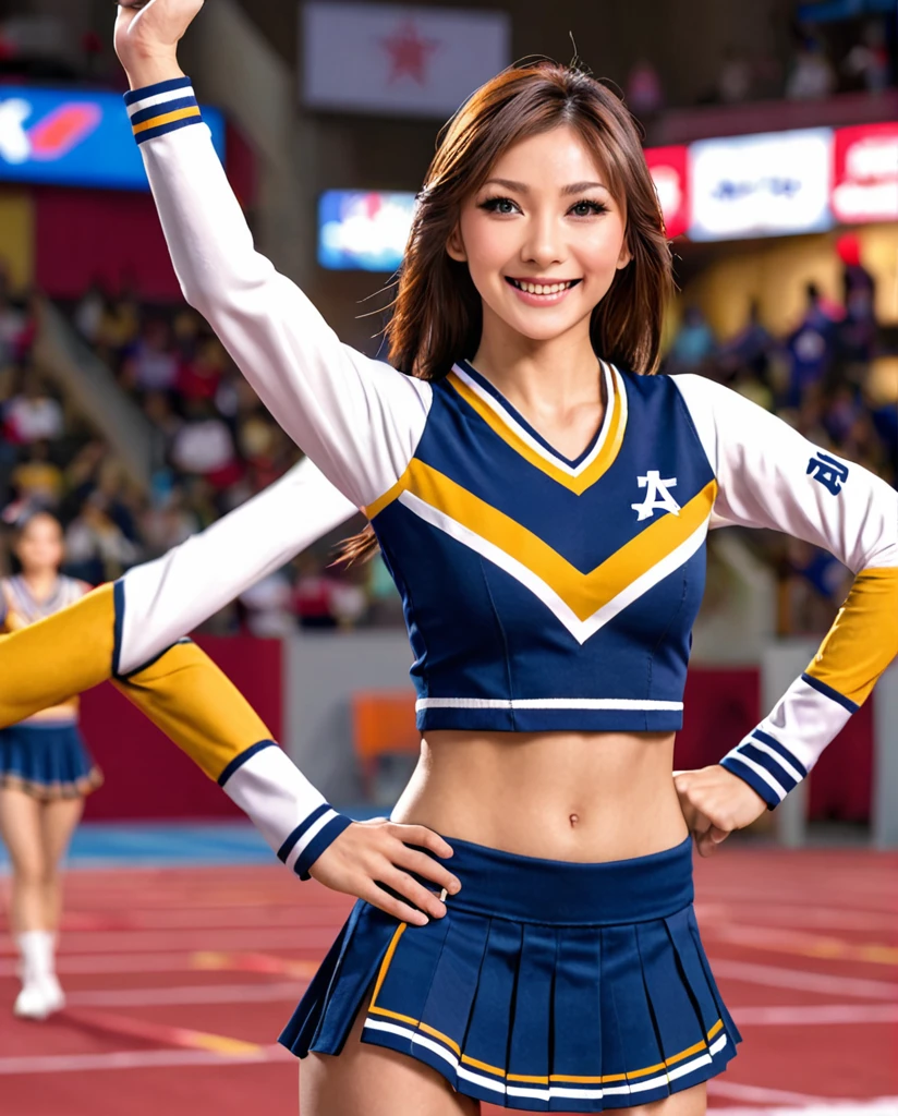 Alafed Asian Cheerleader, Big Plans, Big Plans, photograph, anime , Small breasts, RAW photograph, Highest quality, High resolution, (Tabletop), (photographrealistic:1.4), professional photographgraphy, Sharp focus, Hmph, 8K resolution, Intricate details, Depth of written boundary, Highly detailed CG Unity 8k wallpaper, Front light, Browsing Caution, woman, girl, Beautiful Supermodel, smile, thin, Small cheer uniform, Full body shot, facing forward