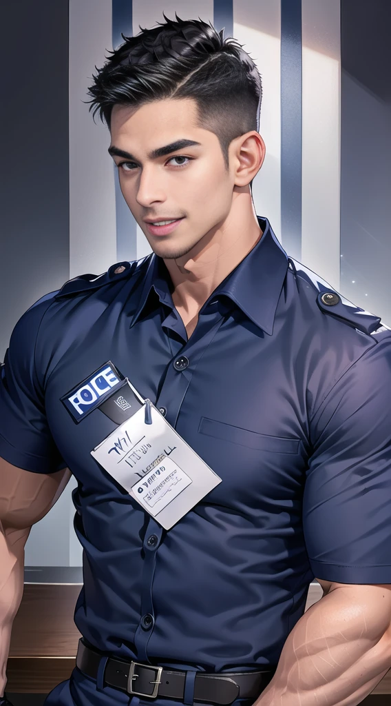 handsome man sit on the table ,(crew cut short hair:1.2),black eye,smile,open mouth (navy police uniform:1.2),(shirt short sleeves:1.2),collar,(shirt covered over:1.2),(name tag and Police badge:1.3),(shirt no buttons:1.1),(black_gloves:1.3), (Navy blue cargo:1.2),Korean guy,korean men,(High gloss details),(chest muscles:1.2),(large arm muscles:1.2),blood vessel,Big muscles,Broad shoulders,looking at the audience,Balancing the eyes,middle of the road,(stage:1.2),