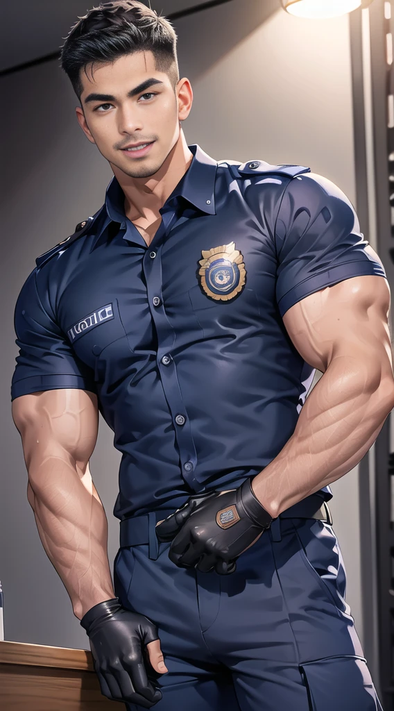 handsome man sit on the table ,(crew cut short hair:1.2),black eye,smile,open mouth (navy police uniform:1.2),(shirt short sleeves:1.2),collar,(shirt covered over:1.2),(name tag and Police badge:1.3),(shirt no buttons:1.1),(black_gloves:1.3), (Navy blue cargo:1.2),Korean guy,korean men,(High gloss details),(chest muscles:1.2),(large arm muscles:1.2),blood vessel,Big muscles,Broad shoulders,looking at the audience,Balancing the eyes,middle of the road,(stage:1.2),