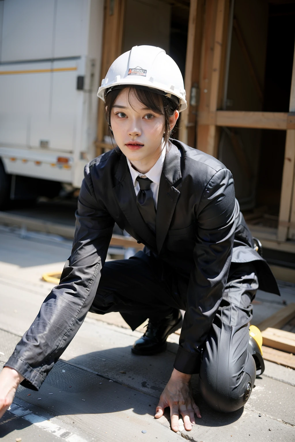 ((Highest quality)), ((masterpiece)), (detailed), One boy, construction site,Barely,suit,Helmet,sexy

