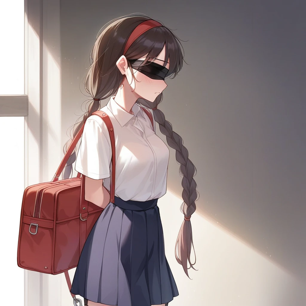 1girl((Long dark brown hair、long pigtails)、blindfold、hair band、Cotton shirt、skirt,White Silk Sexy Lingerie、,garter belt、Red School Bag、a girl, dwarf, height 1.3meters, 30kg,,slim,(shackles,restrained))