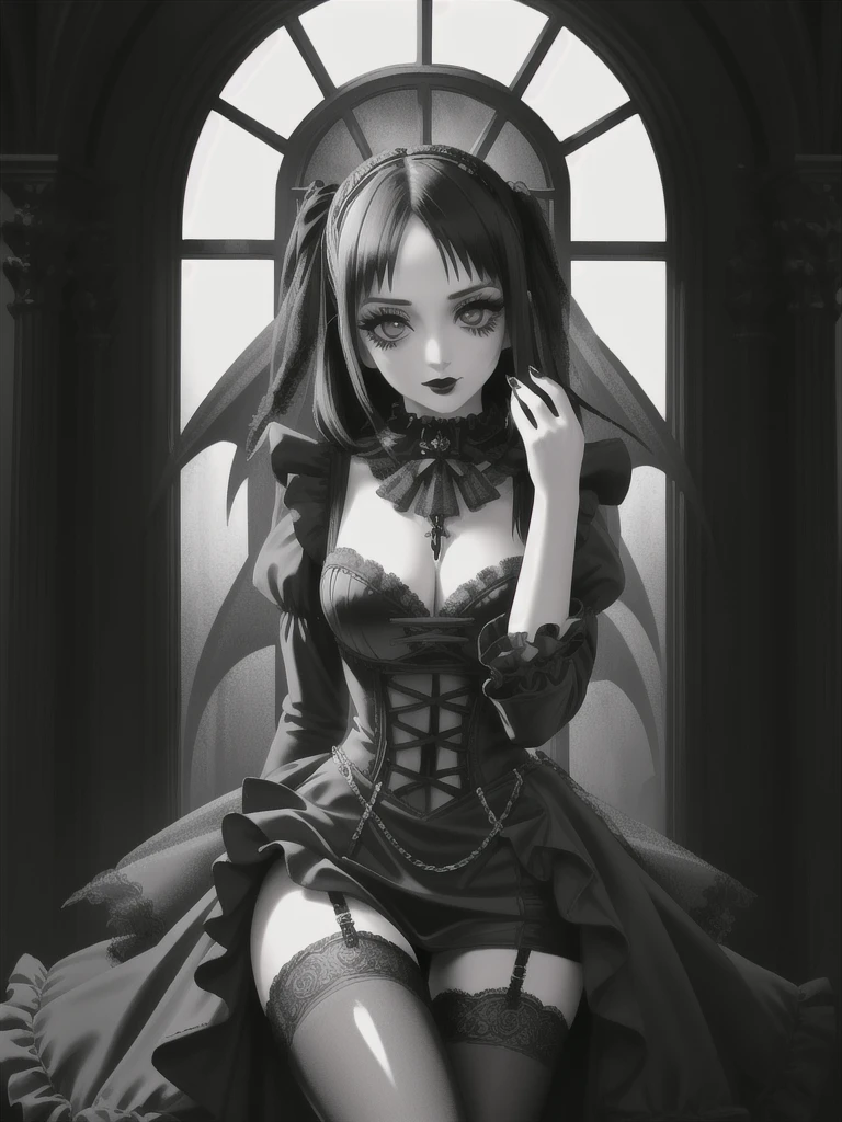 (gothic theme:1.3), masterpiece, best quality, professional detailed photo of (beautiful woman) wearing (dark gothic Rococo dress, multilayered dress:1.2), (extremely wrinkled glossy fabric:1.3), (perfect face, beautiful face, symmetric face), (lipstick, eyeshadow, mascara), (frills and lace:1.1), (gothic stockings:1.1),