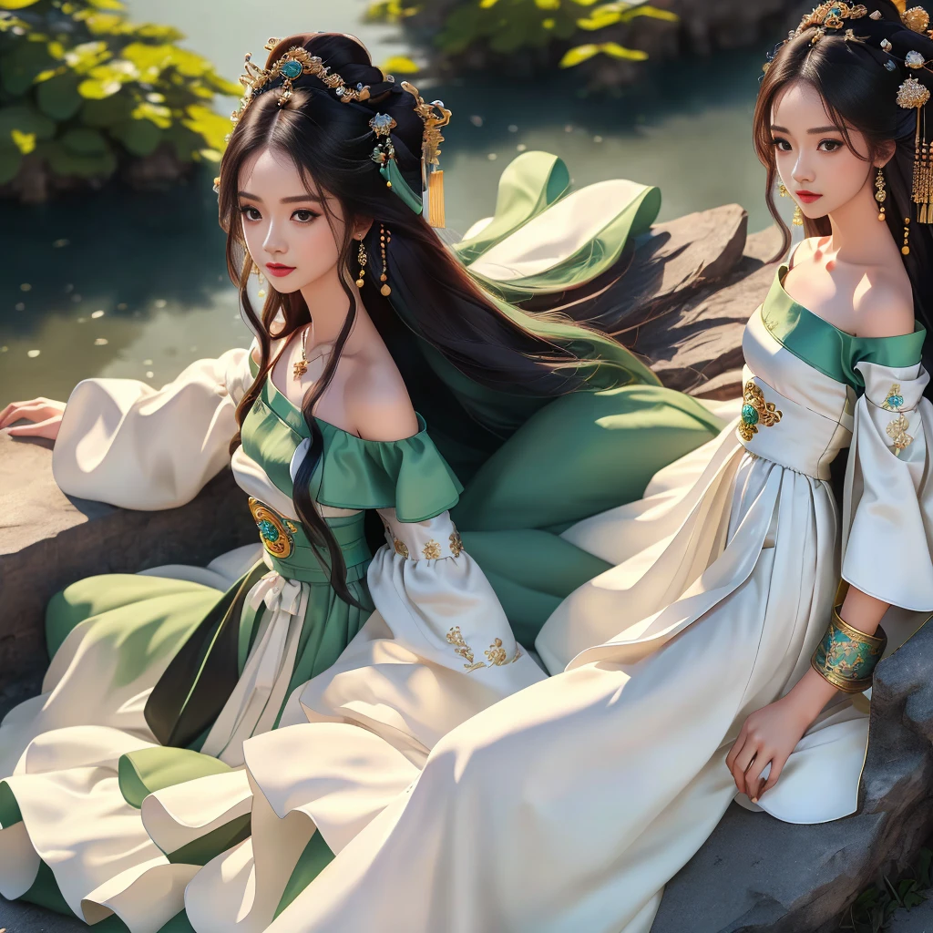 Girl in traditional Chinese clothing, Hanfu, Guzhen Hanfu women, green Hanfu,(long straight black hair:1.5), black eyes, black bun hairstyle, hair accessories ,white diamond earrings, Bangle Diameter, Dia Necklace, Clear eyes, Facing forward,put on makeup, Long eyelashes ,(Jade green long shoulder coat:1.5), (Very long skirt, white:1.5), ((Whole body)), ((from below)), Clear face, , (Very beautiful face, Beautiful mouth, beautiful eyes), detailed face, ((Ultra-fine skin)), In the dark, deep shadows, an ancient Chinese girl (Very slim figure 1.3) ,Plump breasts, elegant posture ,(palace in the sky:1.5),