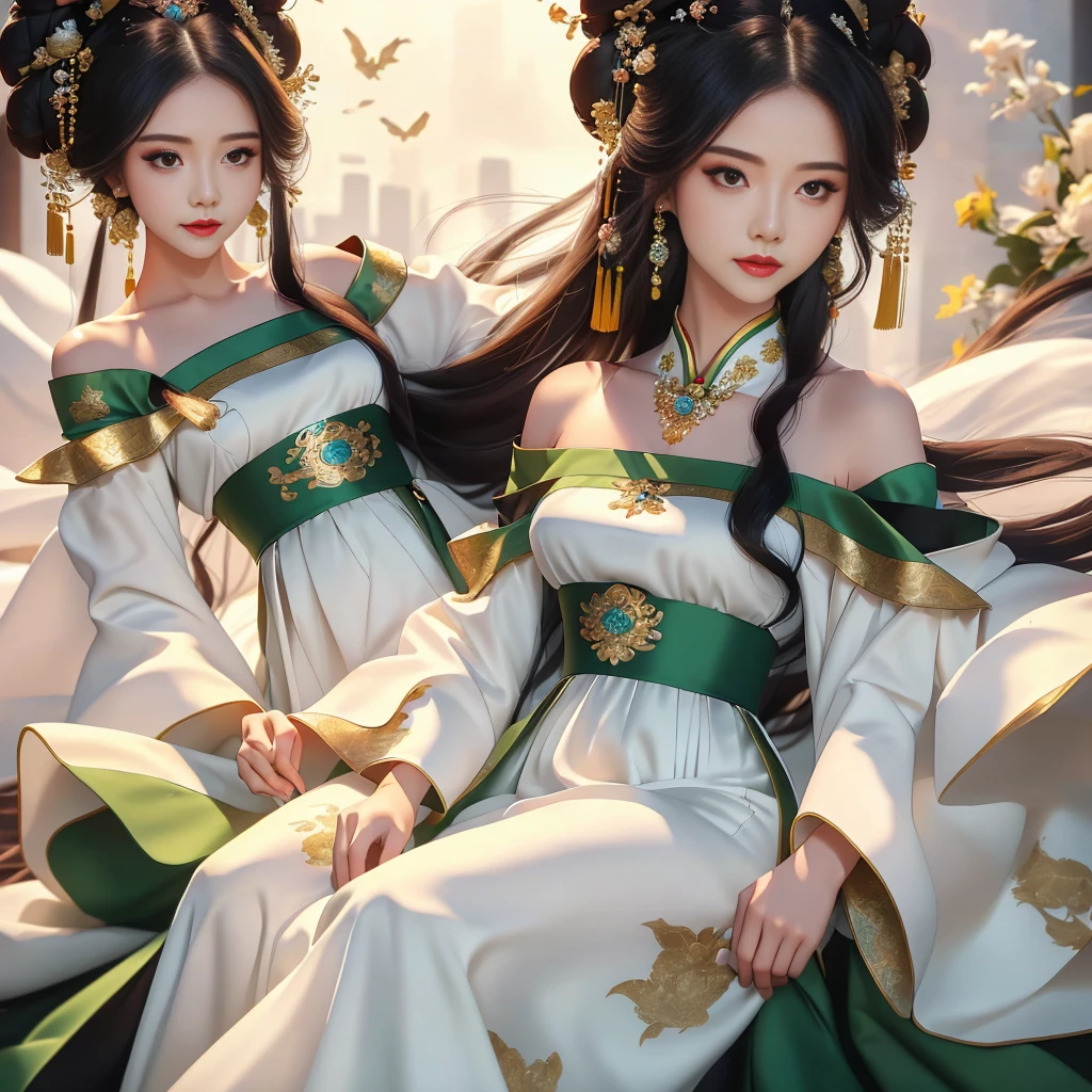 Girl in traditional Chinese clothing, Hanfu, Guzhen Hanfu women, green Hanfu,(long straight black hair:1.5), black eyes, black bun hairstyle, hair accessories ,white diamond earrings, Bangle Diameter, Dia Necklace, Clear eyes, Facing forward,put on makeup, Long eyelashes ,(Jade green long shoulder coat:1.5), (Very long skirt, white:1.5), ((Whole body)), ((from below)), Clear face, , (Very beautiful face, Beautiful mouth, beautiful eyes), detailed face, ((Ultra-fine skin)), In the dark, deep shadows, an ancient Chinese girl (Very slim figure 1.3) ,Plump breasts, elegant posture ,(palace in the sky:1.5),