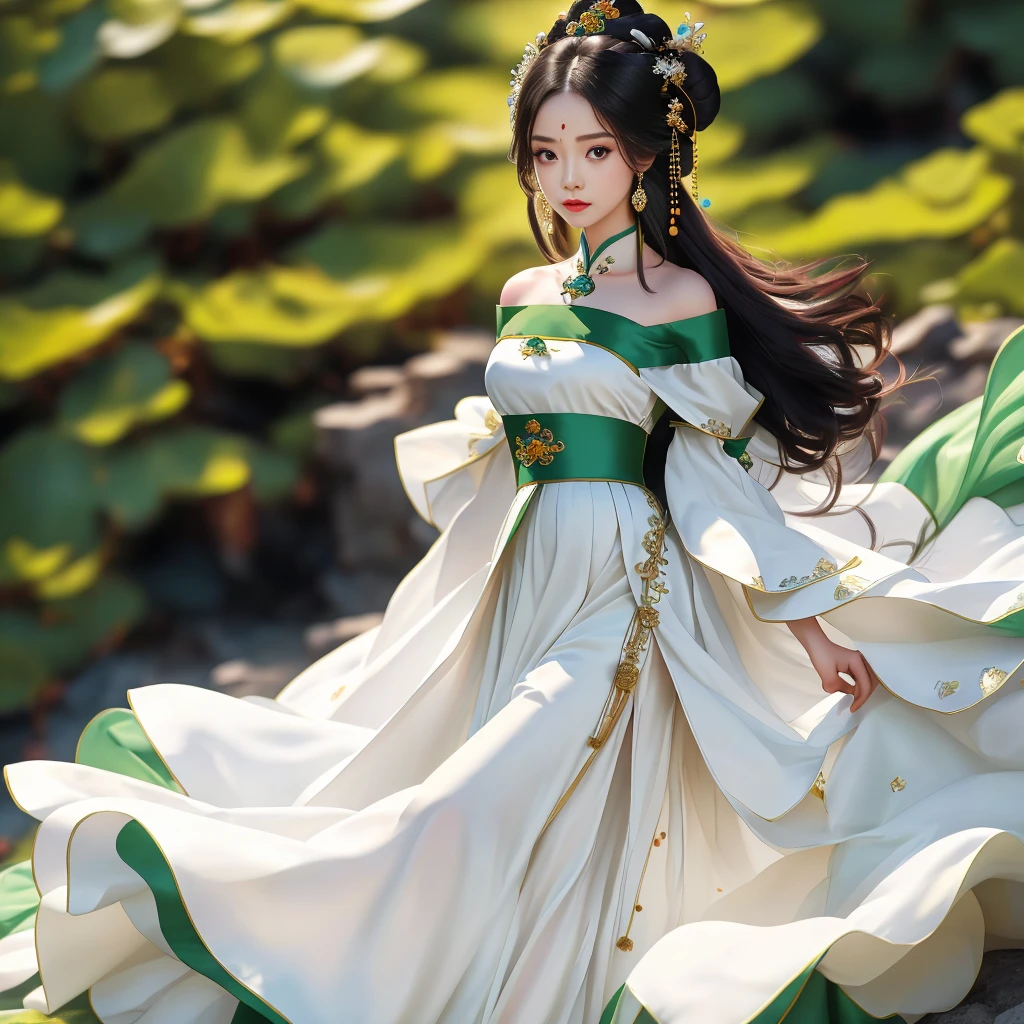 Girl in traditional Chinese clothing, Hanfu, Guzhen Hanfu women, green Hanfu,(long straight black hair:1.5), black eyes, black bun hairstyle, hair accessories ,white diamond earrings, Bangle Diameter, Dia Necklace, Clear eyes, Facing forward,put on makeup, Long eyelashes ,(Jade green long shoulder coat:1.5), (Very long skirt, white:1.5), ((Whole body)), ((from below)), Clear face, , (Very beautiful face, Beautiful mouth, beautiful eyes), detailed face, ((Ultra-fine skin)), In the dark, deep shadows, an ancient Chinese girl (Very slim figure 1.3) ,Plump breasts, elegant posture ,(palace in the sky:1.5),