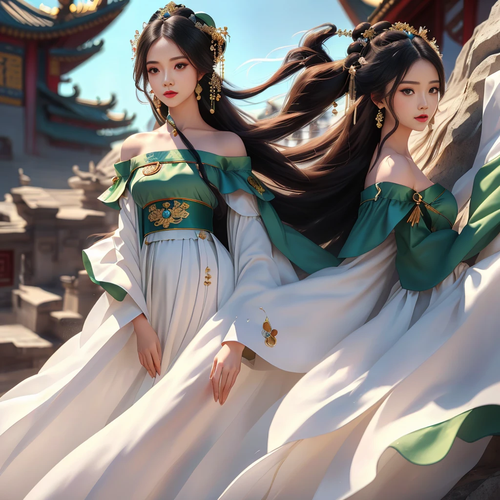 Girl in traditional Chinese clothing, Hanfu, Guzhen Hanfu women, green Hanfu,(long straight black hair:1.5), black eyes, black bun hairstyle, hair accessories ,white diamond earrings, Bangle Diameter, Dia Necklace, Clear eyes, Facing forward,put on makeup, Long eyelashes ,(Jade green long shoulder coat:1.5), (Very long skirt, white:1.5), ((Whole body)), ((from below)), Clear face, , (Very beautiful face, Beautiful mouth, beautiful eyes), detailed face, ((Ultra-fine skin)), In the dark, deep shadows, an ancient Chinese girl (Very slim figure 1.3) ,Plump breasts, elegant posture ,(palace in the sky:1.5),