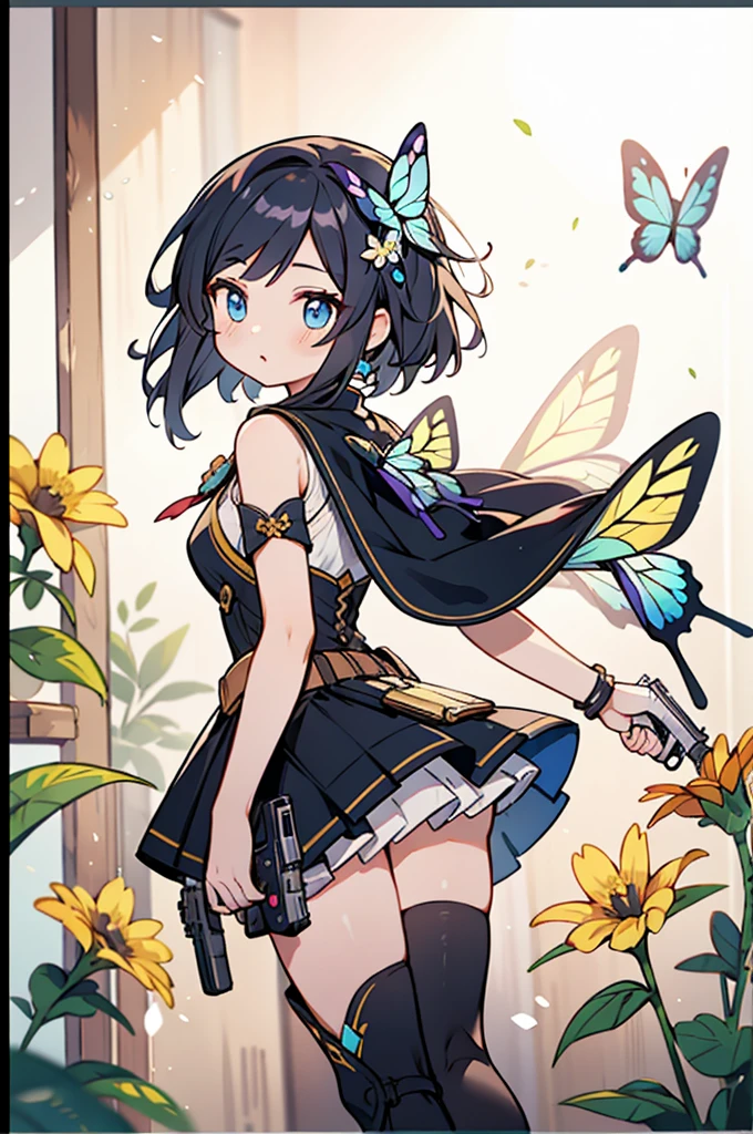 Octane Rendering、(Hyper Detail: 1.15)、Cinematic lighting、Shooting from behind、Cute Fantasy Princess、Handgun Shooting Practice、Fine Pattern Pistol,Knee-high boots、Ultra-detailed eyes、Full Paint、(Flower Hair Ornaments、Butterfly Hair Ornament)、Tabletop、Anatomically correct、Blurry、Depth of written boundary